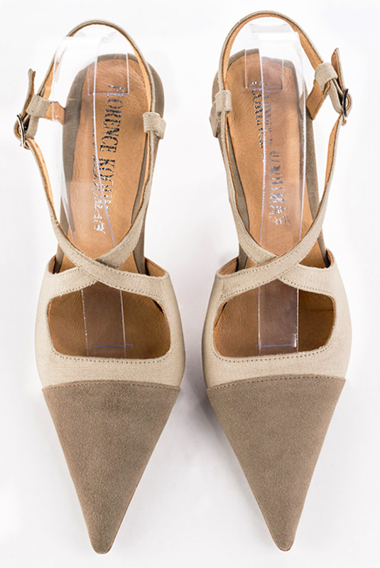 Tan beige women's open back shoes, with crossed straps. Pointed toe. High slim heel. Top view - Florence KOOIJMAN